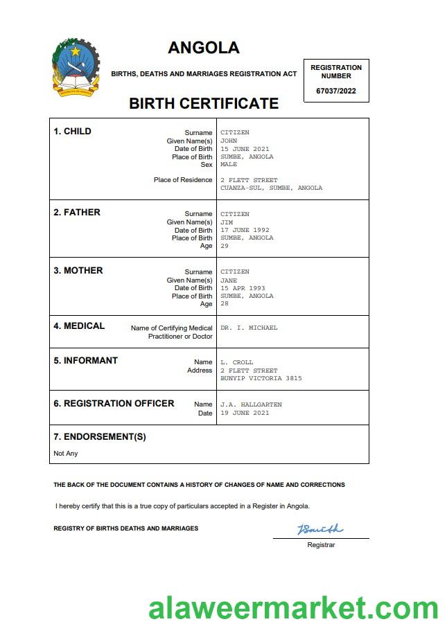 Angola vital record birth certificate Word and PDF template